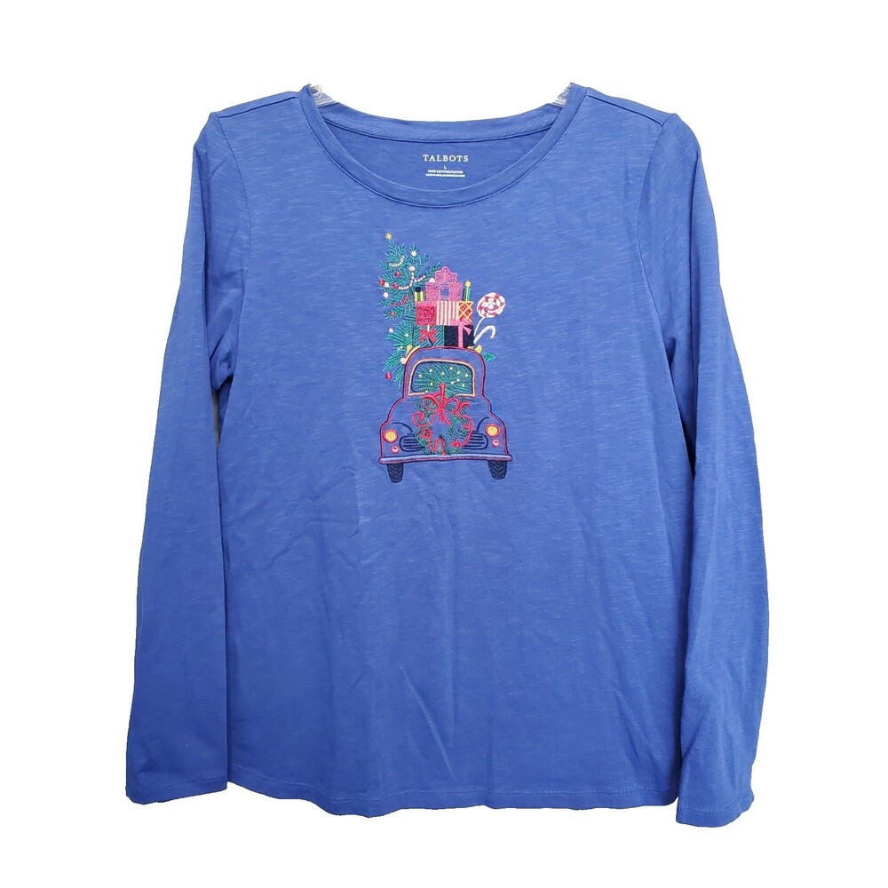 Talbots Cotton Christmas Car Blue Embroidered Long Sleeve T-Shirt Size Large